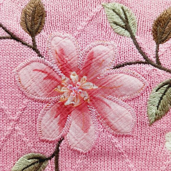 Sweater Size XL Peach Pink Embroidery Bead Bloomcore Grandmacore Applique Floral - Picture 6 of 16